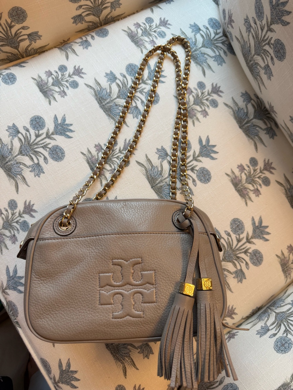 Tory Burch Pebbled Taupe Leather Crossbody with Gold Chain